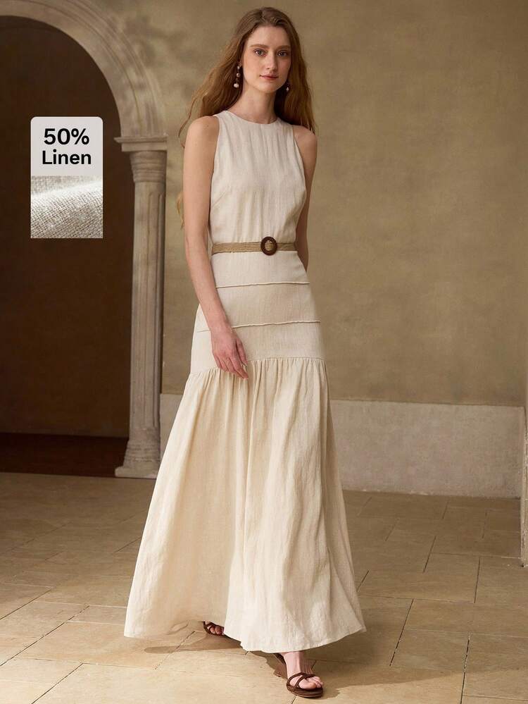 WOMEN'S 100% LINEN ROUND NECK SLEEVELESS MID-LENGTH CASUAL/DATE DRESS, SPRING/SUMMER