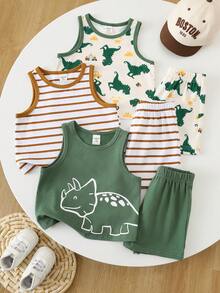 SHEIN Bộ 3 món đồ chơi trẻ em unisex cho bé trai/bé gái, áo ba lỗ và quần short in hình khủng long dễ thương, quần áo mùa hè cho bé trai. - Màu xanh lá cây đậm - Xem 3