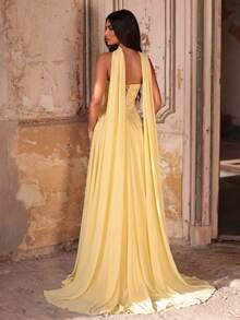 Glamrae Elegante, romántico, de moda y digno vestido de línea A con bustier de tela de gasa amarilla con parches de cuentas, adecuado para fiestas elegantes, bodas, despedidas de soltera y cenas formales - Amarillo - Ver 3