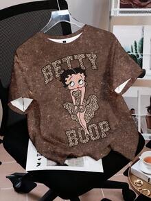 Betty Boop x SHEIN 女士休闲复古豹纹印花、字母和卡通人物图案圆领短袖T恤，夏季 - 白色 - 查看 3