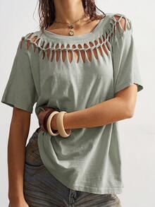 Bohemela Casual Solid Color Knit Round Neck Short Sleeve Distressed Loose Women T-Shirt,Summer Top - Mint Green - View 2