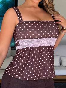 Maria Perezxox 2025 Nueva Moda Otoño/Invierno Blusa de Verano para Mujer con Encaje Contrastante y Estampado de Lunares, Tirantes Anchos. Blusa de Verano, Navidad, Año Nuevo, Fiesta, Playa, Elegante y Casual para Vacaciones - Marrón - Ver 6