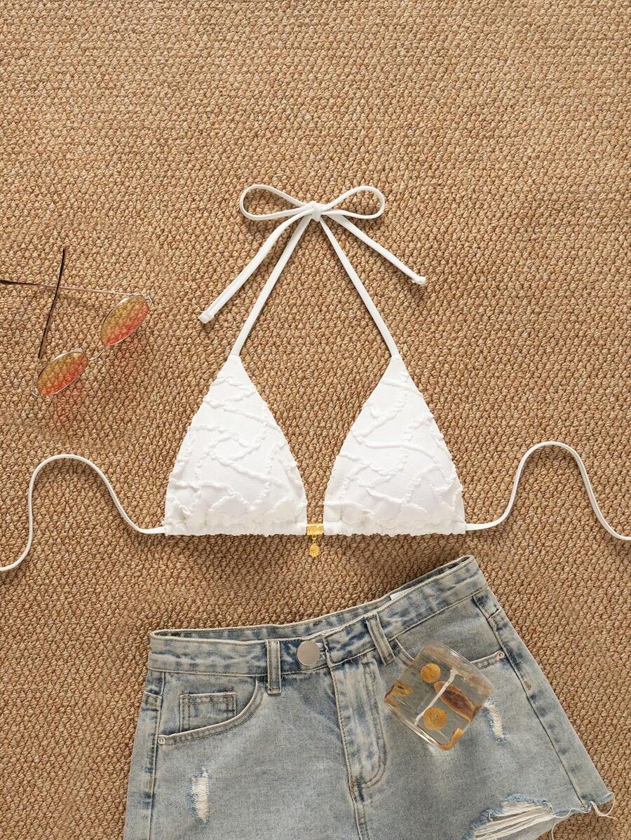 SHEIN Swim Mod Random Gold Shell Print Halter Bikini Top, Sexy Swimwear Top For Summer Vacation - White - View 1