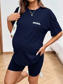 SHEIN 2pcs Maternity Letter Print Casual Short Sleeve T-Shirt And Adjustable Waist Shorts Set - Navy Blue - View 10