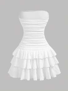 SHEIN Teen Girl White Summer Elegant Matching Family Vacation Outfit, Solid Color Ruched Ruffle Hem Tube Dress For Birthday Graduation Holiday - White - View 2