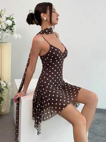 Aloruh 女士时尚性感波点印花迷你连衣裙 - 棕色 - 查看 5