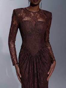 Elitara Elegant 3D Lace Round Neck Wide Shoulder Padded Sheer Long Sleeve Waist Ruched Fishtail Hem Backless Dress For Formal Weddings - Coffee Brown - View 5