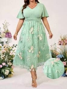 SHEIN CURVE+ Plus Size Women's Waist Ruched Deep V-Neck Ruffle Sleeve & Hem Mesh Double Layer A-Line Loose Elegant Vacation Casual Dress - Green - View 4