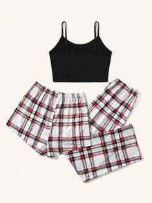 3pcs Plaid Bow Front PJ Set / Pajama Set - Multicolor - View 2