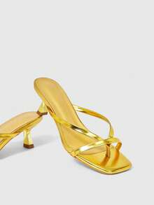 ROMWE Grunge Punk Spring/Summer New Leopard Print Sexy Kitten Heel Sandals, Fashion Versatile High Heels For Women - Gold - View 3