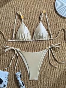 Swim Chiccia Bộ bikini nữ mùa hè 2026 mới, thanh lịch, đính hạt, màu trơn, chất liệu vải, dây mảnh, hở lưng, dây rút, cạp cao. - Màu be - Xem 3