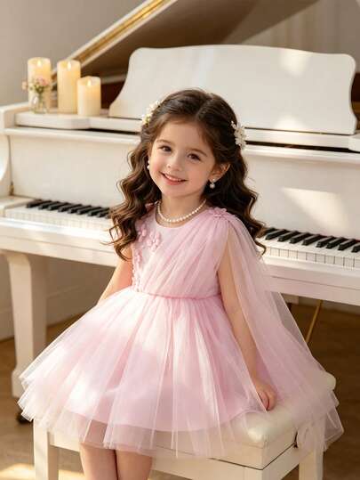 Glamorique Kids Đầm voan hồng cho bé gái, đính hoa 3D và hạt cườm, kiểu công chúa không tay, thích hợp cho sinh nhật, đám cưới, biểu diễn sân khấu, tiệc tùng, kỳ nghỉ, phù hợp cho mọi mùa.