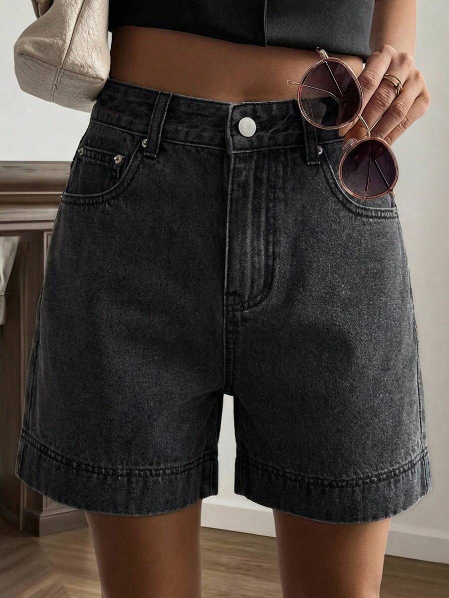 Livesso Cotton High Waist Casual Solid Color Women's Denim Shorts Summer - Black - View 1