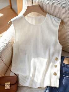 SHEIN Franclia Áo camisole không tay cổ tròn thanh lịch kiểu Pháp dành cho nữ cỡ lớn - trắng - Xem 3