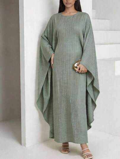 Veilorie Women's Round Neck Solid Color Batwing Sleeve Elegant Maxi Arabian Dress