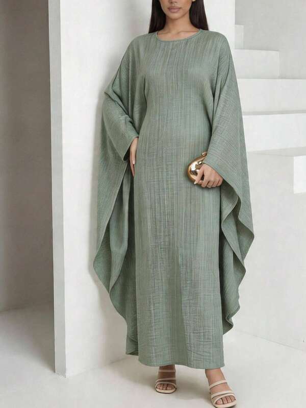 Veilorie Vestido maxi elegante de manga de murciélago de cuello redondo y unicolor para mujer