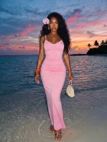 Slaydiva 优雅性感低胸褶皱修身长裙，粉色 - A - 粉色 - 查看 1