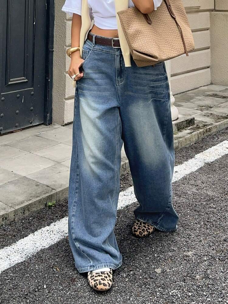 Dazy Plus Vintage Washed Western Loose Distressed Plus Size Street Style Long Jeans For Women, Spring/Summer