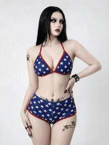 ROMWE Goth Bộ bikini 2 mảnh nữ 26SS hè phong cách quốc kỳ thể thao gợi cảm sọc xanh trắng 2026 mới cho đi học, hẹn hò, nghỉ lễ, tiệc bể bơi, trà chiều, phong cách Western, du thuyền, bãi biển, đảo, road trip, bốn mùa, lễ hội âm nhạc, Boho, Bohemian, Chill, Western Boho, áo top thanh lịch, đồ bơi Mỹ, đồ tắm Mỹ, họa tiết sao - Nhiều màu - Xem 4