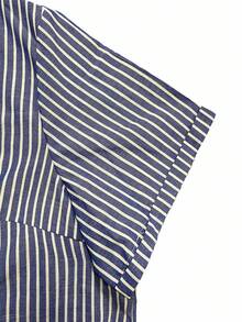 SHEIN CURVE+ 大码女式条纹单排扣休闲百搭日常衬衫 - 霧霾藍 - 查看 4