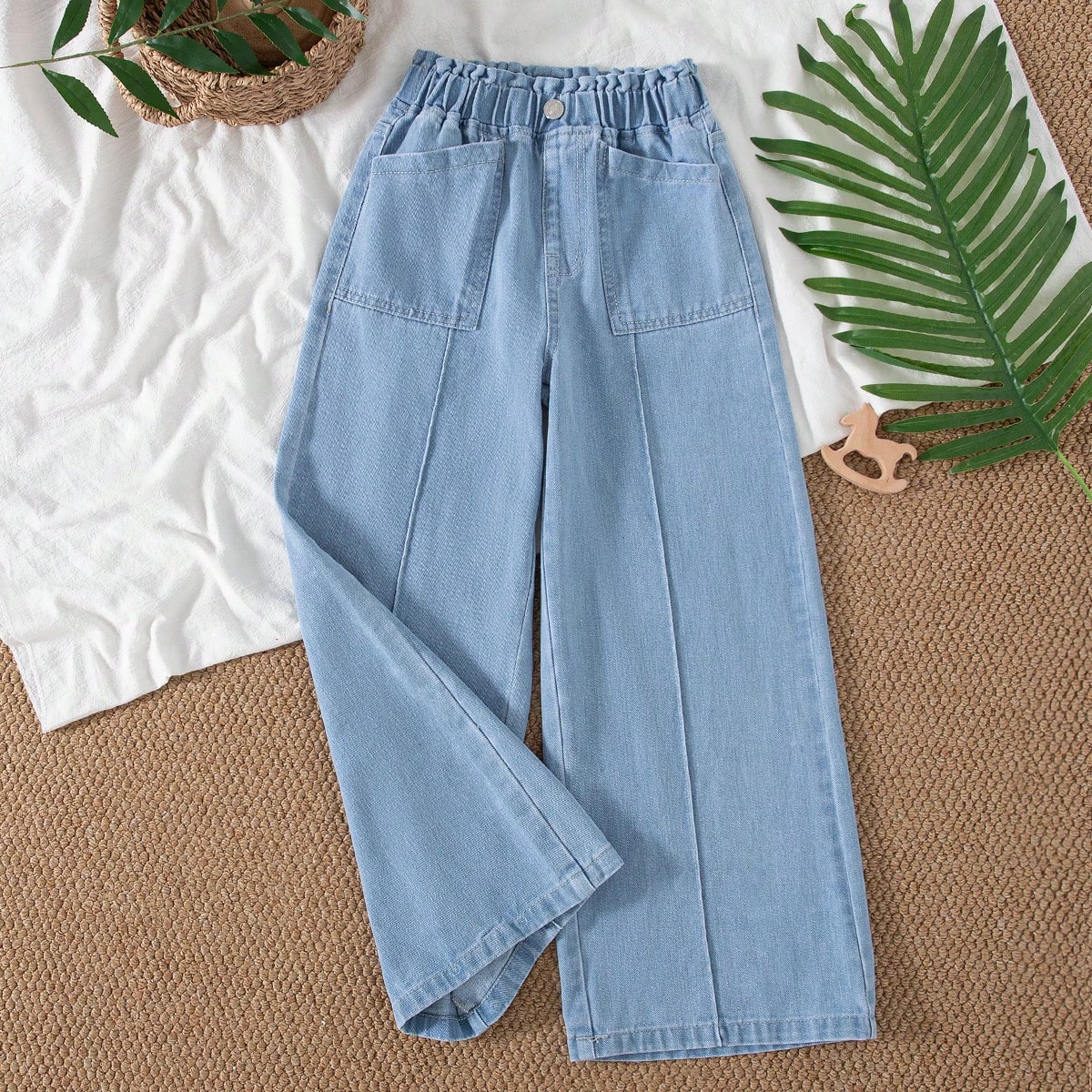Pantalones vaqueros de pierna ancha con cintura elástica para niñas preadolescentes, de algodón denim azul claro, suaves y cómodos, versátiles pa