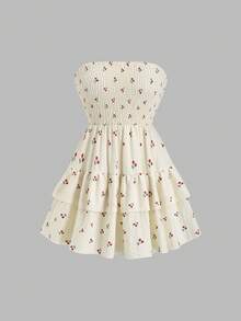 SHEIN Sweetro Cherry Print Bustier Waist Ruffle Hem Dress - Apricot - View 1