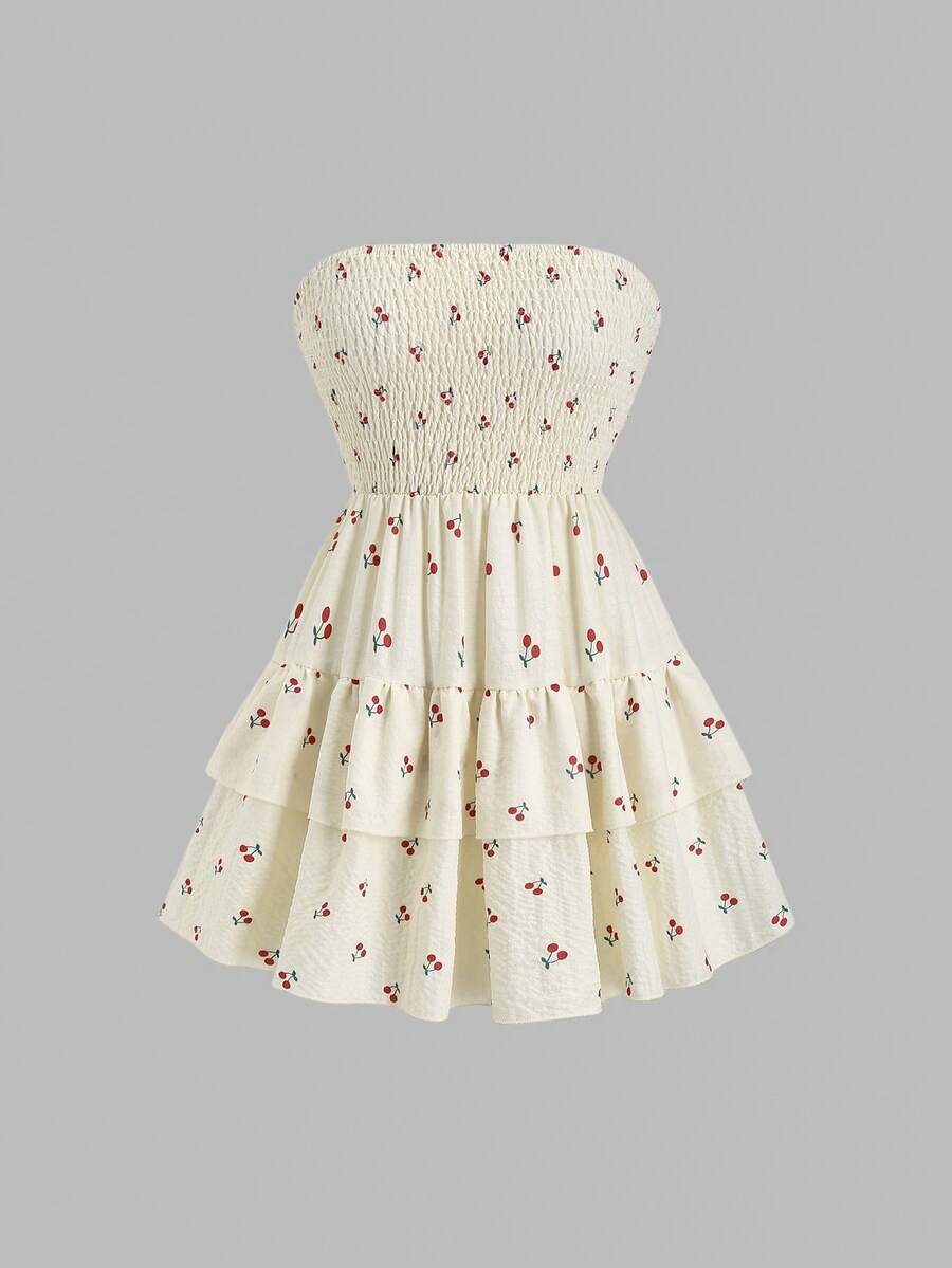 SHEIN Sweetro Cherry Print Bustier Waist Ruffle Hem Dress - Apricot - View 1