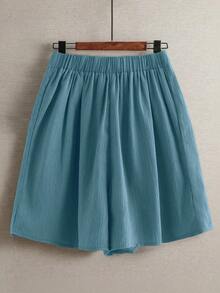 Linhara Quần short nữ cỡ lớn mùa hè, kiểu dáng thường ngày, thoải mái, cạp chun, gấu tròn, xẻ tà, trang trí nút thắt kiểu Trung Quốc. - Màu xanh lam - Xem 2