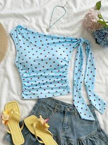 SHEIN WYWH Women's Polka Dot Pleated Asymmetric Shoulder Casual Versatile Daily Wear Top - Baby Blue - View 3