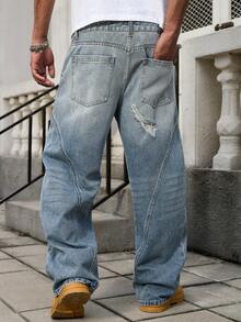 GALLERY FADE 男士街头时尚做旧水洗宽松阔腿牛仔裤 - 淺色水洗藍 - 查看 2