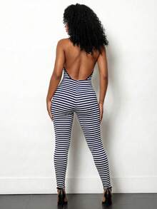 SHEIN BamGlam Mono de mujer con cuello drapeado a rayas - Azul Marino - Ver 2