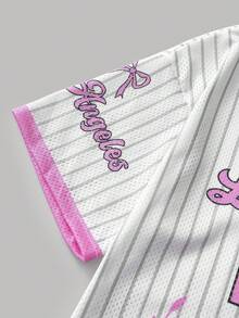 SHEIN Tween Girl Casual Daily Street Fashion V-Neck Pink Striped Numeric & Letter Print Loose T-Shirt Top - Pink - View 4