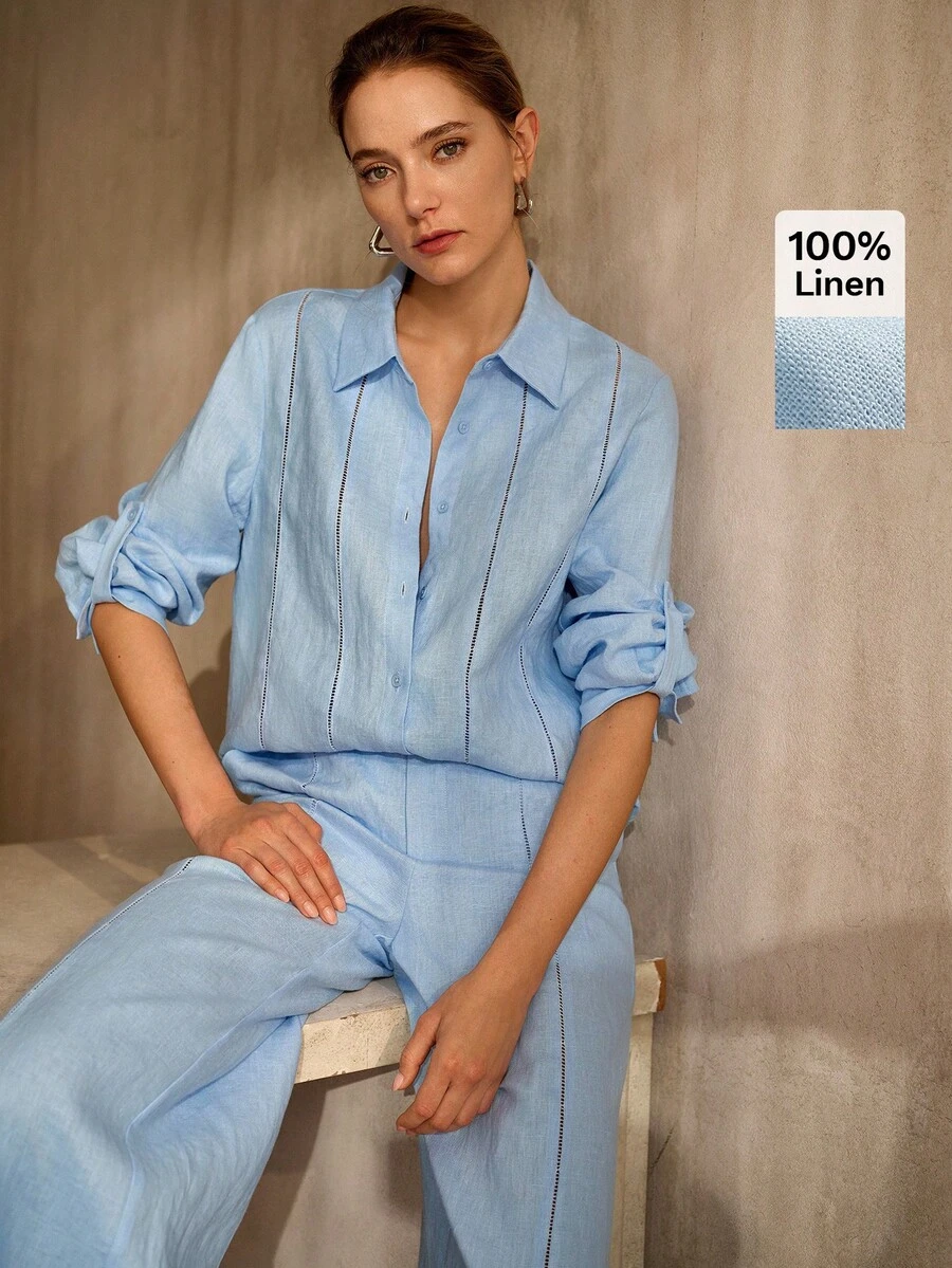 PREMIUM ÁO SƠ MI NỮ VẢI LINEN THOẢI MÁI CÀI NÚT, XUÂN/HÈ - Màu xanh lam - Xem 1