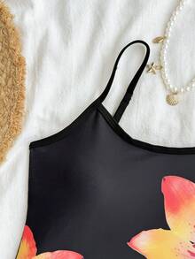 SHEIN Traje de baño de una pieza con estampado floral para niña preadolescente, adecuado para vacaciones en la playa, fiestas en la piscina y fiestas en la playa - Negro - Ver 5