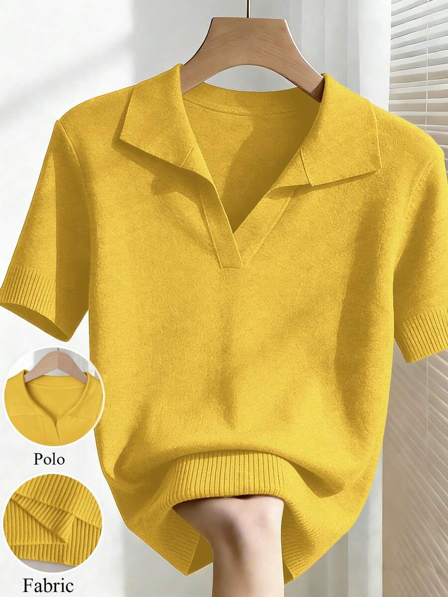 Franclia Women's Simple Solid Color Turndown Collar Short Sleeve Casual Fitted Knit Top, Versatile For Spring/Summer - Mustard Yellow - View 1
