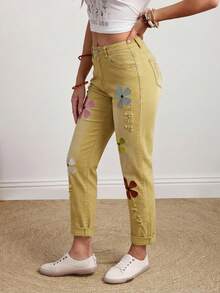 EMERY ROSE Plus Size High Stretch Floral Decorated Casual Jeans - Apricot - View 4