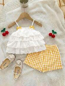 Babygirl Summer Cute Vacation Ruffle Camisole Top And Plaid Shorts Set - Yellow - View 8