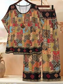 Bộ đồ nữ cỡ lớn phong cách Boho in hoa, cổ tròn, tay ngắn và quần dài, thích hợp mặc hàng ngày, đi nghỉ mát, mùa hè. - Nhiều màu - Xem 1