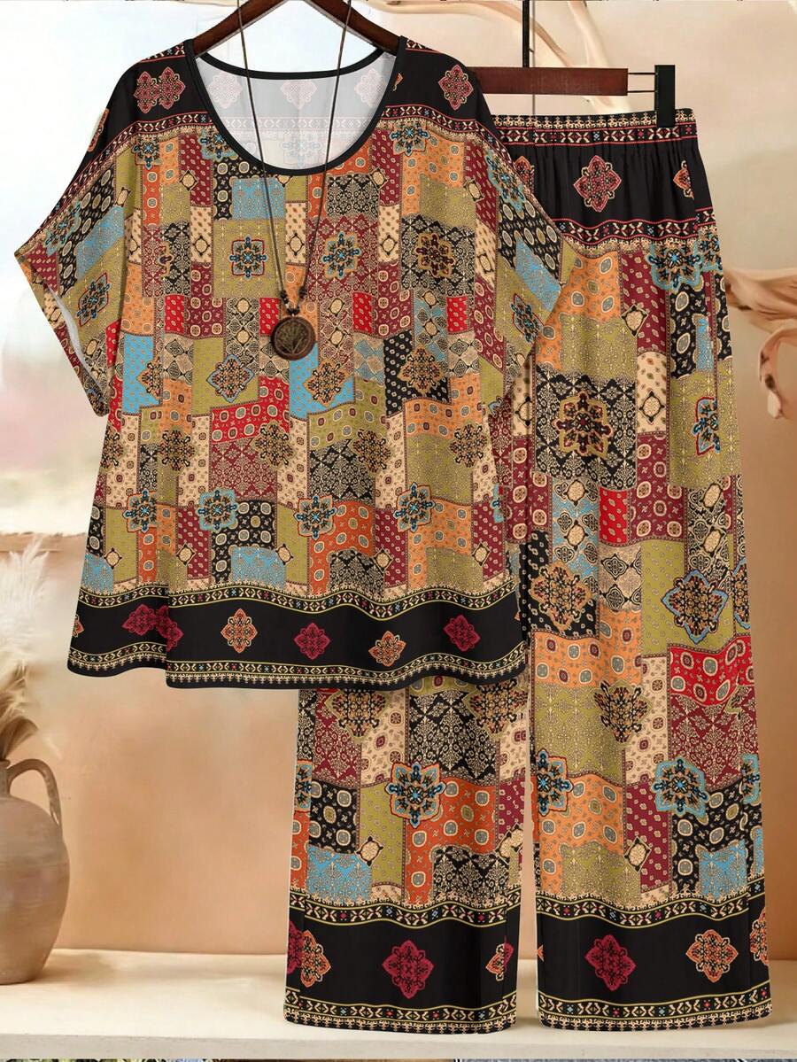 Bộ đồ nữ cỡ lớn phong cách Boho in hoa, cổ tròn, tay ngắn và quần dài, thích hợp mặc hàng ngày, đi nghỉ mát, mùa hè. - Nhiều màu - Xem 1