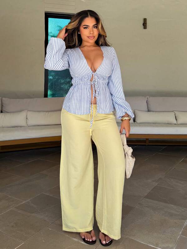 Maria Perezxox 休闲条纹系腰喇叭袖衬衫，适合工作，秋季