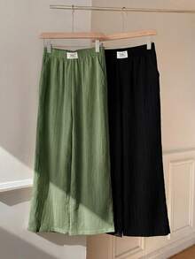 SHEIN EZwear 女士字母印花双色梭织阔腿裤套装 女士夏季长裤 女士半身裙 阔腿裤 女士高腰短裤 女士休闲半身裙 - 橄欖綠 - 查看 3