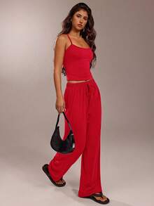 Avantive Women's Solid Color Camisole Top And Pants Casual Outfit,Summer Outfits For Women - Red - View 6