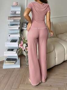 SHEIN INS Casual Colorblock Short Sleeve & Pants Pajama Set For Women - Berwarna merah muda - View 2