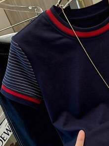 Resyla Áo thun crop top cổ tròn ôm sát, thời trang thường ngày, đính đá anh đào và sọc tương phản. - Màu xanh hải quân - Xem 4