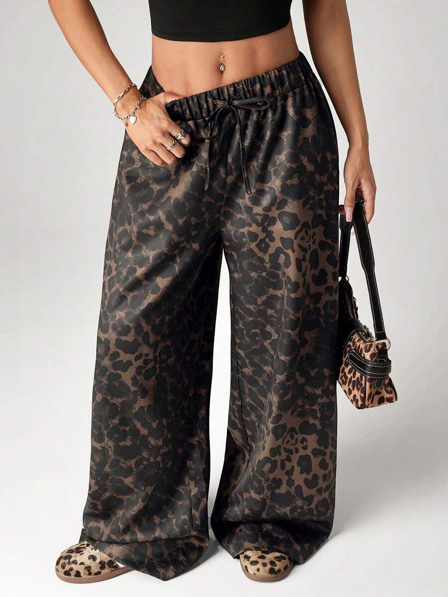SHEIN ICON 夏季女士外出豹纹棕色宽松格子极简休闲裤