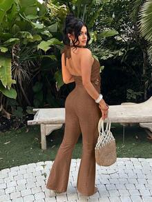 SHEIN SXY 女士性感露背吊带流苏细节喇叭连体裤，夏季 - 棕色 - 查看 2