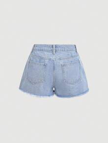 SHEIN Sweetro Quần short denim màu xanh nhạt dáng casual ngọt ngào dành cho nữ, điểm nhấn là nơ trắng. - Rửa nhẹ - Xem 2