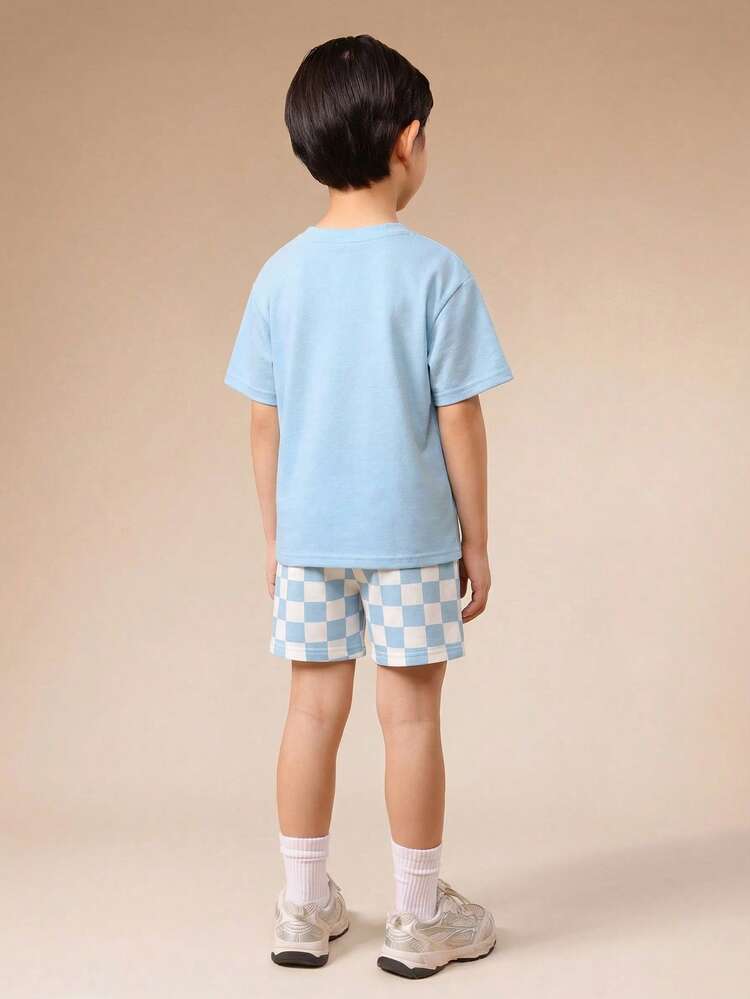 Checkerboard Co-Ord Set Boys Short Sleeve Tee With Matching Shorts Face Embroidered Summer Casual Coordinate