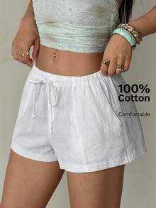 SHEIN PETITE Women Casual Modest Loose Drawstring Solid Color Shorts, Versatile For Everyday Wear White Linen Shorts Beach Summer - White - View 3