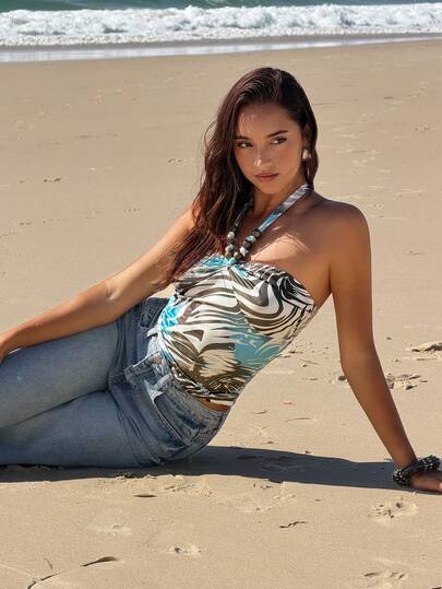 Aloruh Women's Beaded Strapless Zebra Print Crop Top, Suitable For Vacation, Spring/Summer